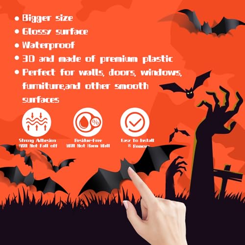 Halloween Bat Wall Decals - Waterproof Black 3D Stickers for Home & Party Decor