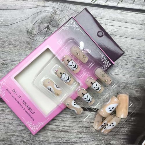 Halloween Press On Nails - Medium Square Fake Nails with Gem Rhinestones & Spider Web Design - Horror Ghost Variation 14