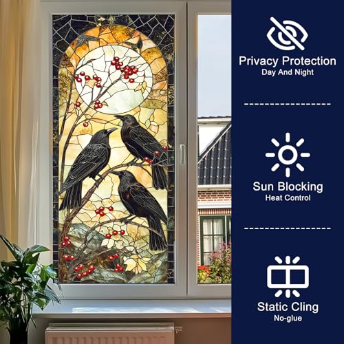 Autumn Window Cling with Black Crows and Red Berries - Halloween & Fall Decor 18x39 PVC