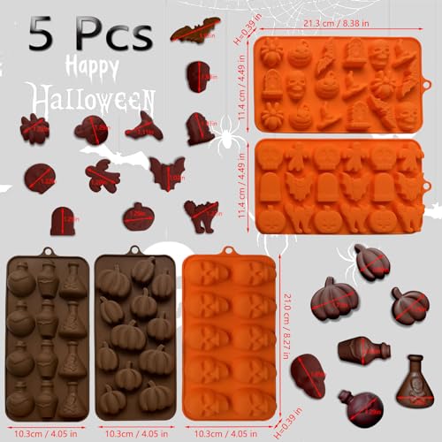 70 Cavity Halloween Silicone Mold Set - Skeleton Pumpkin Ghost Bat Tomb Spider Shapes for Candy & Cake Decorating