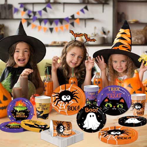 Halloween Disposable Party Plates Napkins Cups Forks Set for 24 Guests