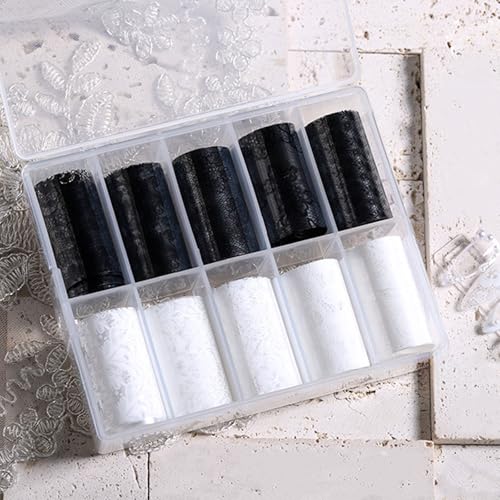 Black & White Lace Nail Art Foil Transfer Sheets - 10 Rolls for Manicure & DIY Crafts