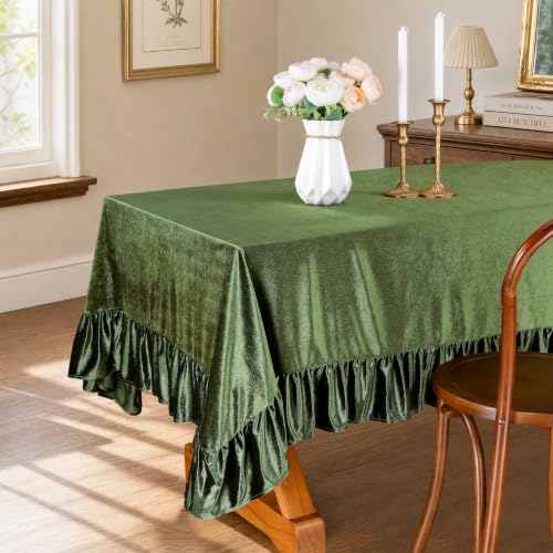Velvet Tablecloth 60x120 Inches - Olive Green Ruffled Rectangular Holiday Decor