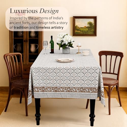 Sandstone Regal Cotton Tablecloth 80x120 Inch Indian Block Print Rectangular Cover - Wedding & Holiday Decor