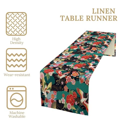 Japanese Crane Table Runner - Asian Vintage Red Faux Linen 13x108in - Variation W13"x L108" / Asian Red-8