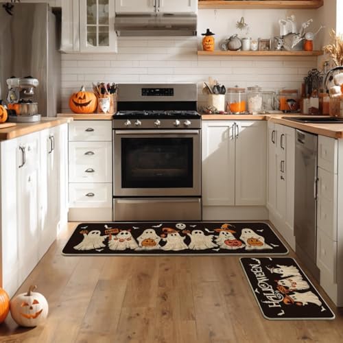 Ghost Bat Halloween Kitchen Mats Set of 2 - Black, 17x29 & 17x59 Inches