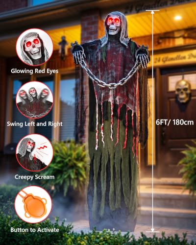 6FT Life-Size Animated Halloween Skeleton Ghosts Outdoor Decor with Sound & Glow
