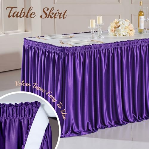 9ft Purple Satin Table Skirt for Rectangle Tables - Wrinkle Resistant Pleated Ruffle for Weddings & Events