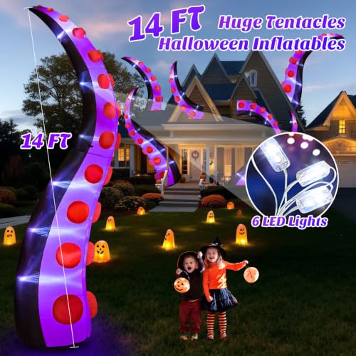 Purple Halloween Inflatable Octopus Tentacles 14FT Giant Yard Decoration with LED Lights