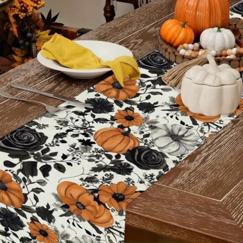 Halloween Black Rose Pumpkin Table Runner 13x72 Inch Linen Decor - Style 01