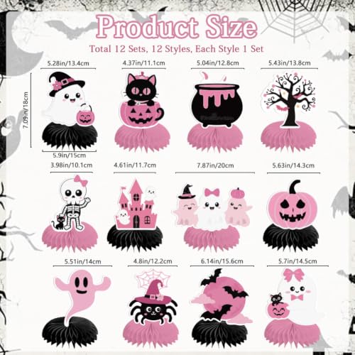 Halloween Honeycomb Table Centerpieces Set - Black Pink Pumpkin Ghost Spider Bat Pattern - PRESSINART, 12 Pcs