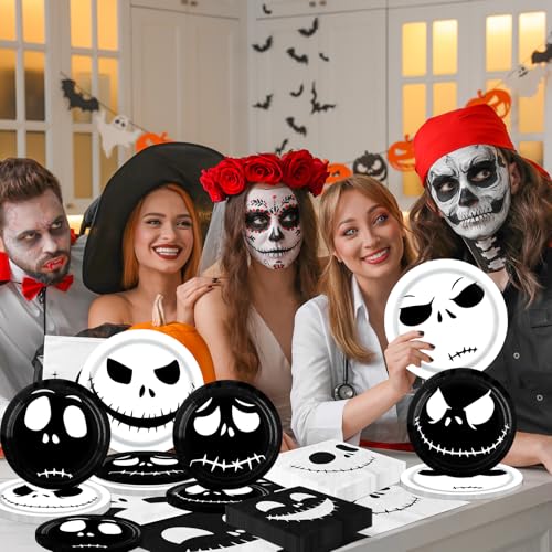 Black and White Halloween Party Plates Napkins Set for Nightmare Theme Celebrations