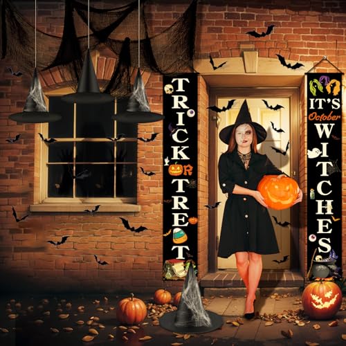 Halloween Outdoor Decorations Set with Banners Witch Hats Bats Creepy Cloth