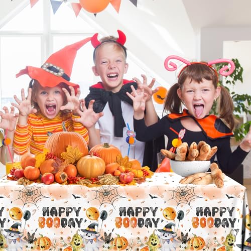 Halloween Happy Boo Day Tablecloth Set - Orange Black Ghost Pumpkins 3Pcs