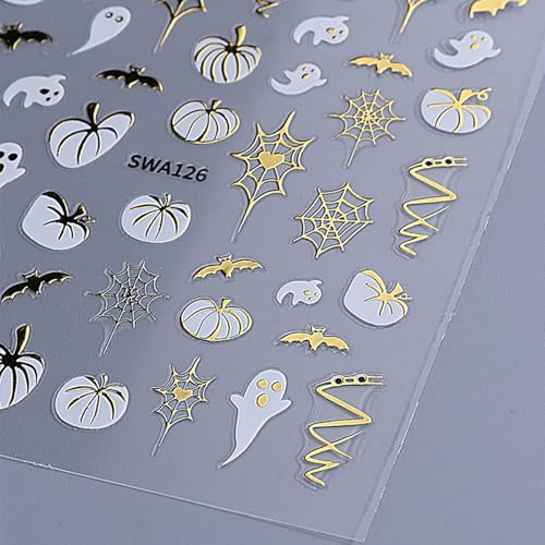 Halloween Nail Art Stickers 3D Bronzing Bats Spider Web Pumpkin Ghost - Style 8, 6 Sheets