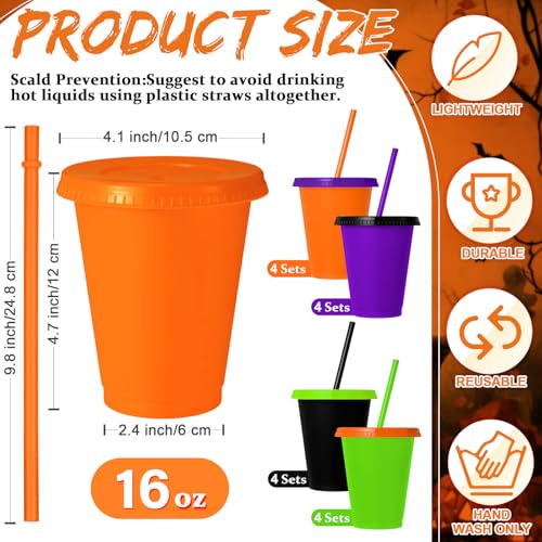 Halloween Color Plastic Cups with Lids and Straws - 16oz, 16 Pack
