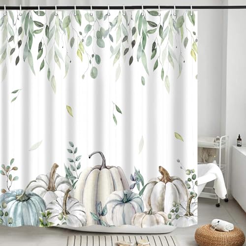 Pumpkins Fall Leaves Shower Curtain - Farmhouse Autumn Botanical Bathroom Decor - 72x84 Inch, Waterproof Fabric, Pack of 1