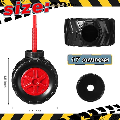 12 Pack Monster Truck Cups with Lids & Straws - 17 oz Plastic Tire-Shaped Drinkware for Kids - Variation of THIS listing: 12