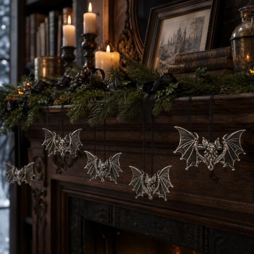 Gothic Halloween Bat Ornaments Set - 6 Antique Alloy Holiday Tree Decorations