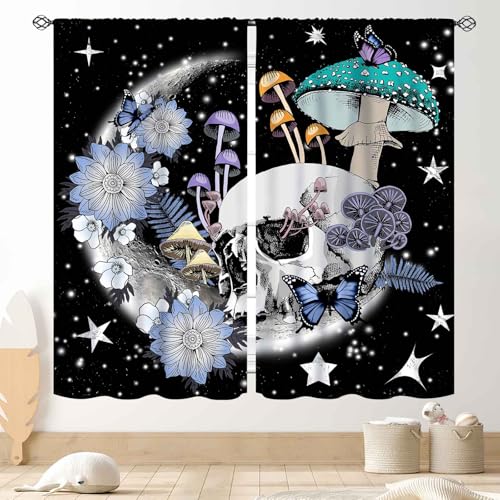 Skull Gothic Halloween Curtain Set - 21W x 45L Inch Dark Floral Moon Skeleton Witchy Blackout Drapes - Pack of 2, Skull-03