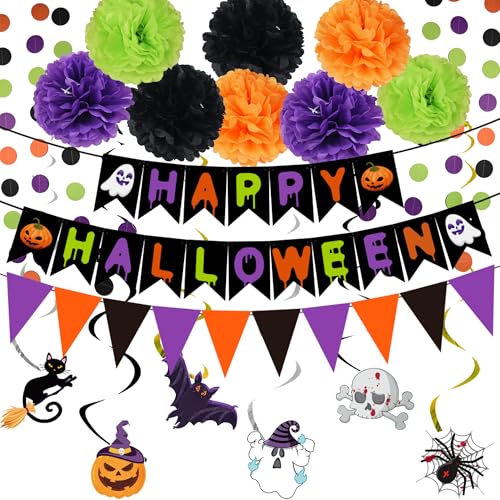 Halloween Party Decorations Set - Banner, Paper Pom Poms, Triangle Flags & Swirls - Halloween