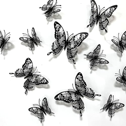 Halloween Wall Sticker Butterfly Decals with Skull Design - 24PCS Black Bats Variation