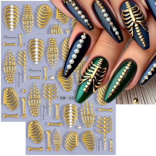 Self-Adhesive Nail Decals - Halloween Skull and Bone Rhinestones - 2 Sheets
