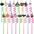 Halloween Theme Plastic Curly Drinking Straws with Charms - 16 Pcs Reusable