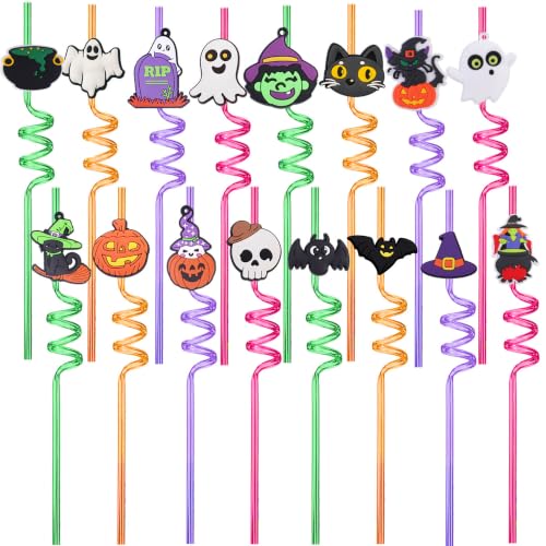 Halloween Theme Plastic Curly Drinking Straws with Charms - 16 Pcs Reusable
