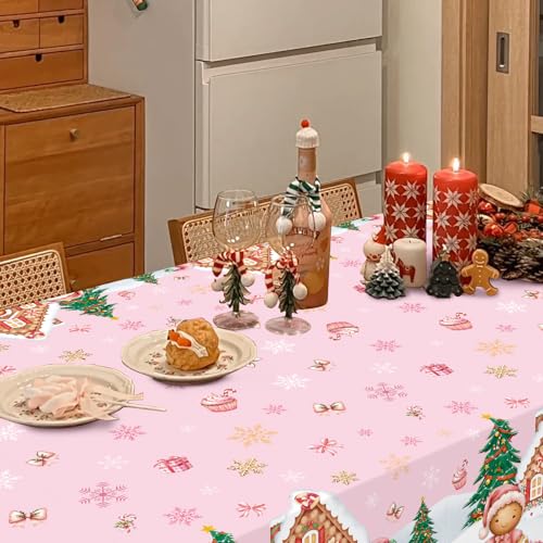 Pink Gingerbread Disposable Christmas Tablecloth Set - 3 Pieces 54x108 Inches