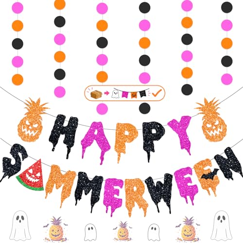 Pink Summerween Banner Set with Glitter Garlands - Pre-Strung Halloween Party Decor