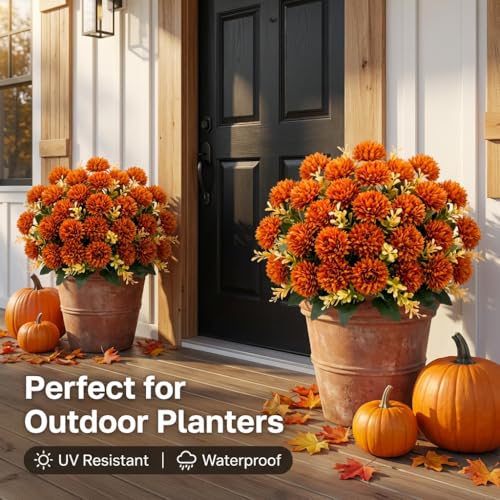 Artificial Fall Flowers - Burnt Orange Faux Mums for Outdoor Decor, 24 Heads