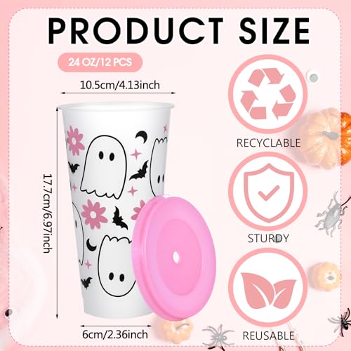 Pink Ghost Halloween Cups with Lids & Straws, 24 oz - 12 Pack - Variation of THIS listing