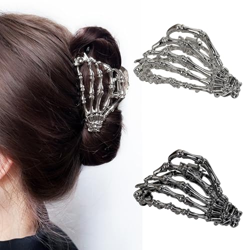 Halloween Hair Clips Skeleton Hand Claw Clips for Thick Hair Black Silver Set