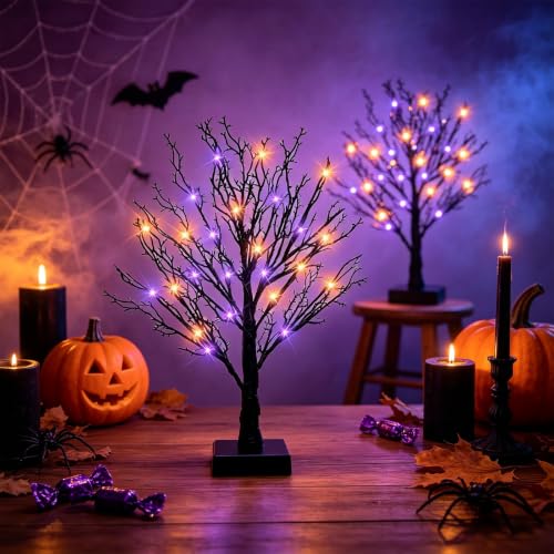 Halloween Decor Indoor 2 Pack 24-Inch Black Halloween Trees with Orange & Purple LED Lights - USB & Battery Powered, Spooky Twig Trees with Timer