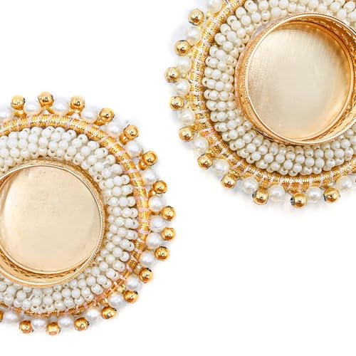 4 Pcs Decorative Tea Light Candle Holders with White Pearls - Handmade Diya for Pooja & Festivals - Variation 4