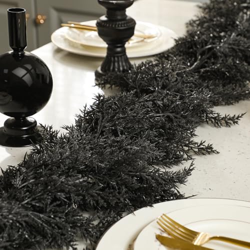 Halloween Black Artificial Cedar Garland 9ft - Spooky Decor for Indoor & Outdoor