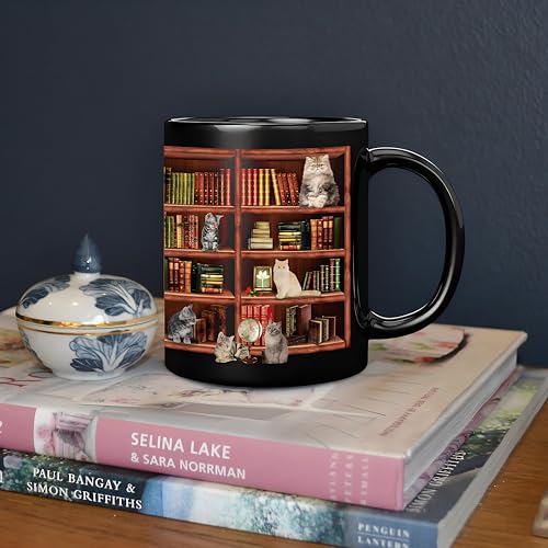 Book Lover Mug - 11oz Ceramic Coffee Cup with Book and Cat Design