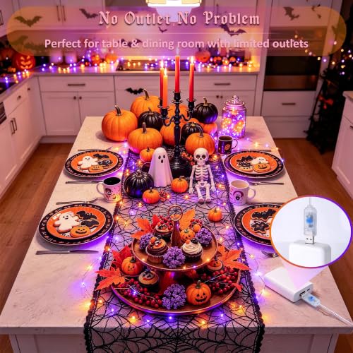 Halloween Fairy Lights 100 LED Orange & Purple USB Powered String Lights - Indoor Decor