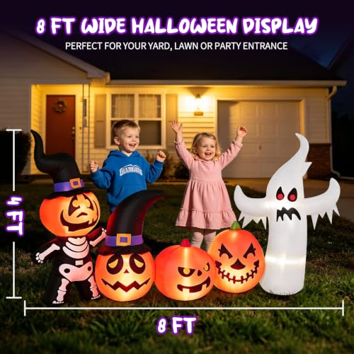 8FT Halloween Inflatable Pumpkin Skeleton Ghost Combo - Yard Decor with Lights - Partyotu