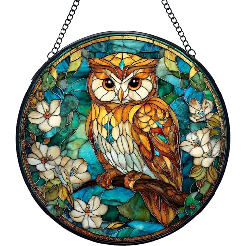 7.9-Inch Stained Glass Owl Sun Catcher with Metal Frame for Windows & Walls - Indoor Decor