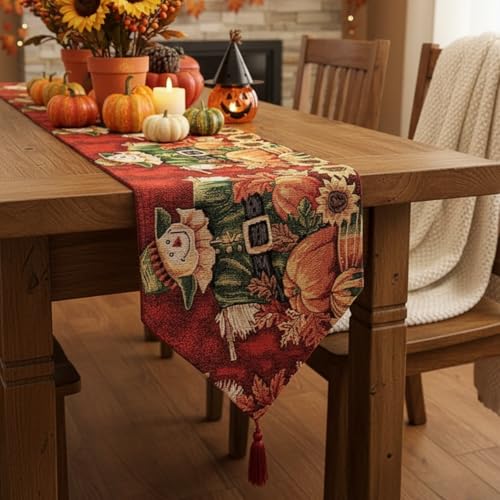 Fall Table Runner 13x90 Inches Pumpkin Scarecrow Harvest Woven Decor