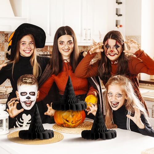 Halloween Honeycomb Decorations Set - 12 Witch Hat Paper Lanterns, Ghosts & Bats