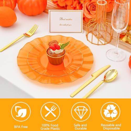 Clear Orange Plastic Plates Set with Gold Rim - 60 Pcs Disposable Dinner & Dessert Plates, Elegant Wave Design, Reusable for Parties & Weddings