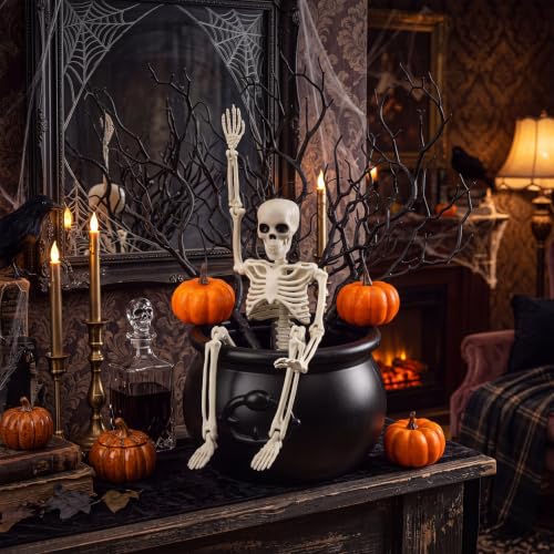 Halloween Table Centerpiece Set with Skeleton, Branches, Pumpkins and Cauldron