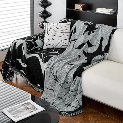 Halloween Sofa Cover with Tassels for 2-3 Cushion Couch - Reversible Chenille Pet & Home Decor - Black / Large (71x102)