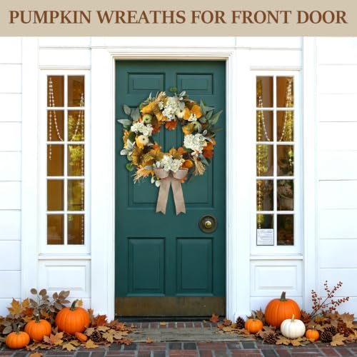 22 Inch Handmade Fall Pumpkin Wreath for Front Door and Porch Decor