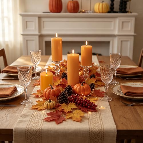 JOIONE Orange Fall Flameless Pillar Candles with Remote - 4 Pack Autumn Decor