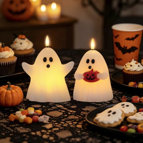 Ghost Flameless Candles with Timer - Real Wax Halloween Decor - 2 Pack - Ghost Variation
