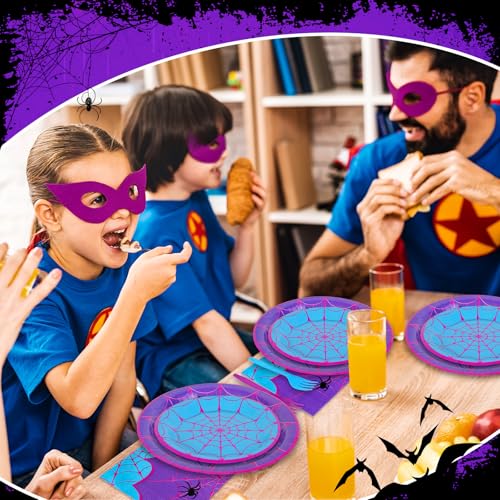 Spider Party Tableware Set for 24 Guests - Blue & Purple Disposable Plates Napkins Cutlery Halloween Birthday